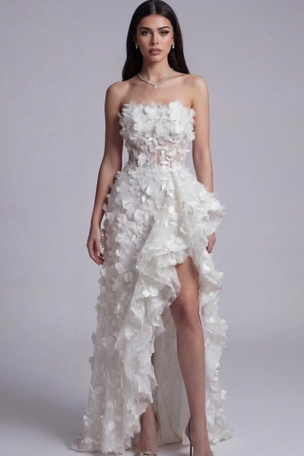 Unique Strapless Sleeveless Hi-Lo Prom Dresses Floor Length With Zipper