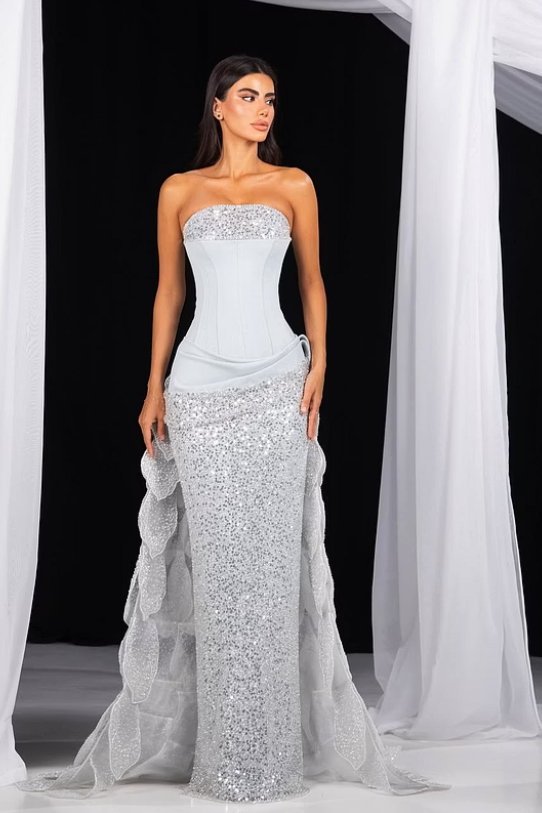 Dazzling Silver Strapless Sleeveless Mermaid Prom Dresses Column Pleats With Lace-Up Back