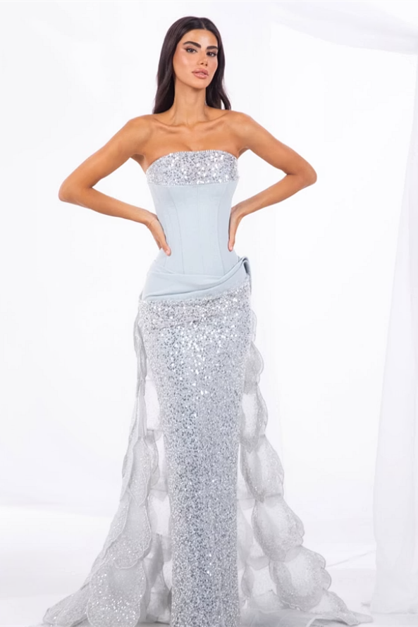 Dazzling Silver Strapless Sleeveless Mermaid Prom Dresses Column Pleats With Lace-Up Back
