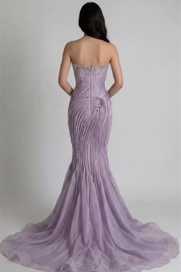 Modern Lilac Strapless Sleeveless Mermaid Prom Dresses Gem Sheath With Zipper Pleats