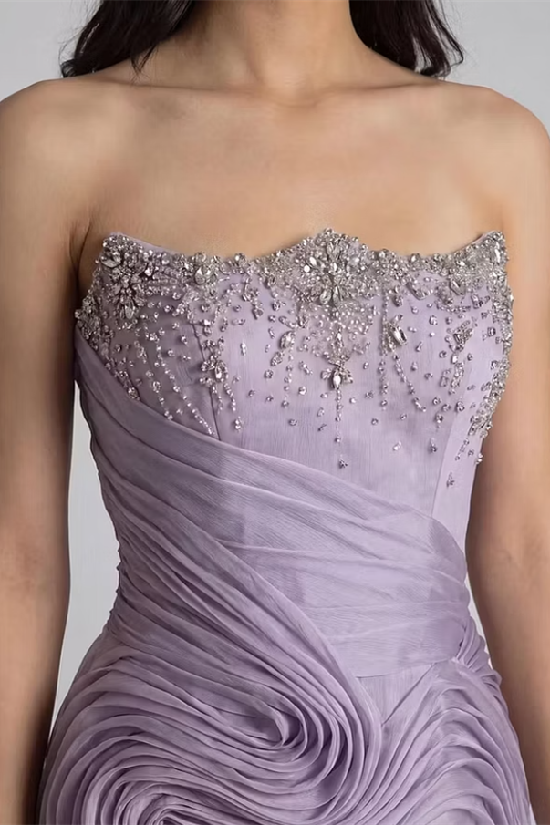 Modern Lilac Strapless Sleeveless Mermaid Prom Dresses Gem Sheath With Zipper Pleats