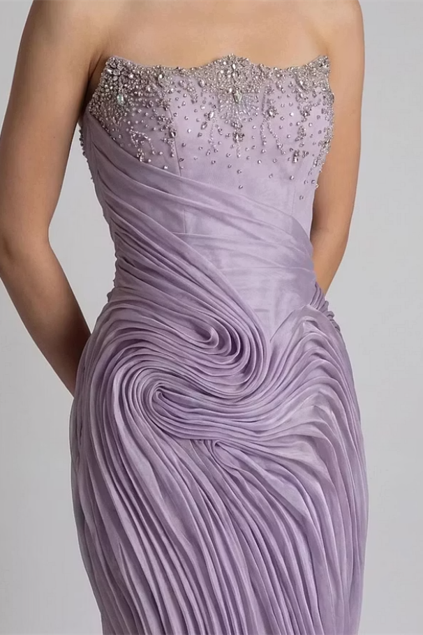 Modern Lilac Strapless Sleeveless Mermaid Prom Dresses Gem Sheath With Zipper Pleats