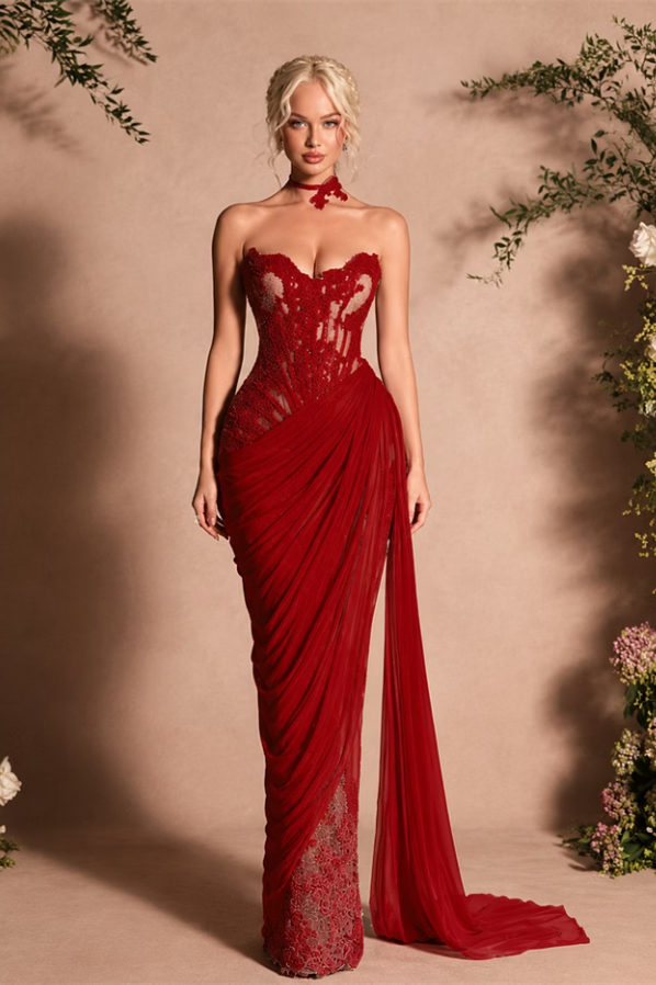 Unique Burgundy Sweetheart Strapless Sleeveless Chiffon Lace Prom Dresses Mermaid With Zipper