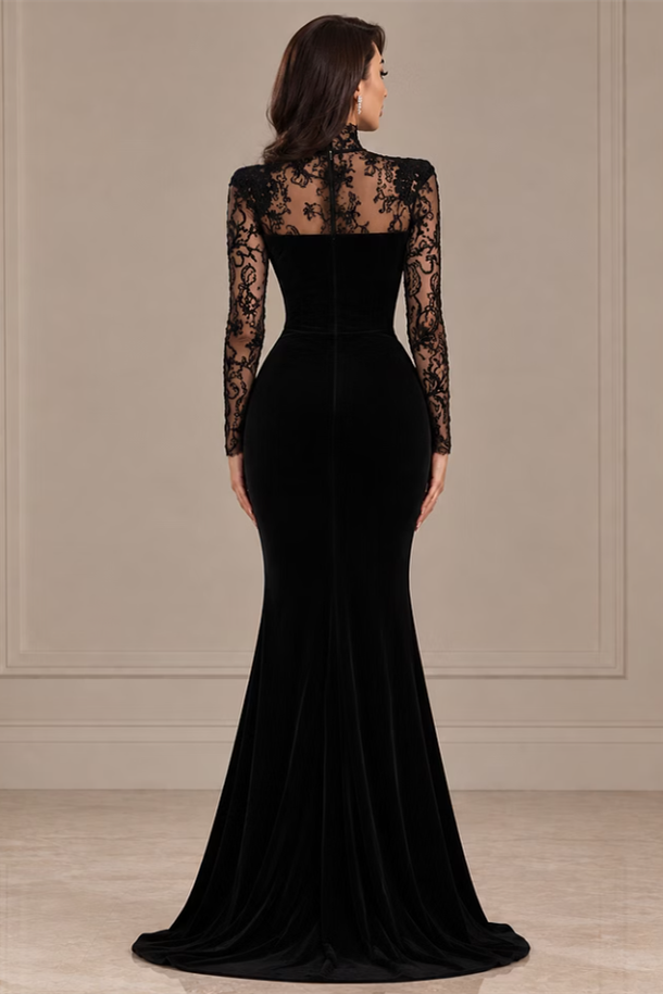 Chic Black Long Sleeves Mermaid Satin Prom Dresses Floor Length Sheath With Zipper