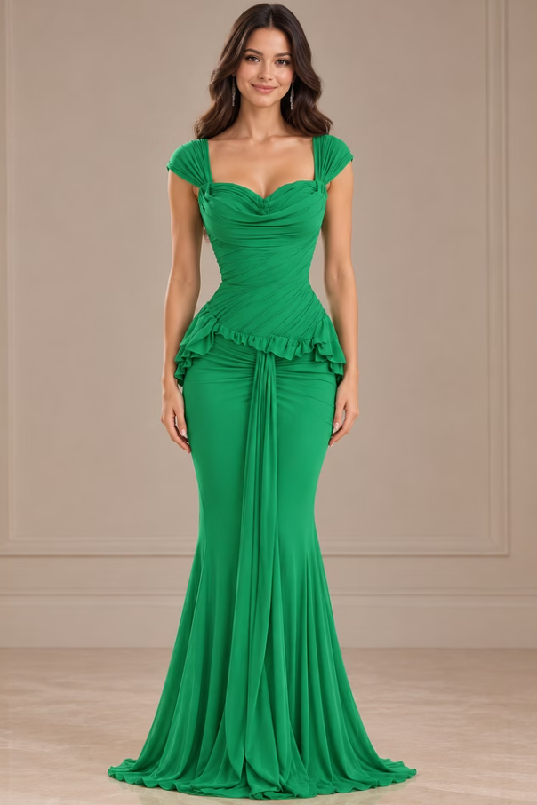 Pretty Green Sweetheart Straps Mermaid Prom Dresses Floor Length With Pleats Zipper