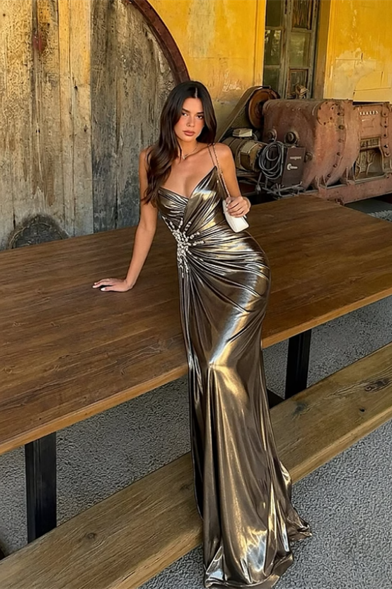 Dazzling Sweetheart Spaghetti-Straps Sleeveless Mermaid Prom Dresses Gem With Pleats