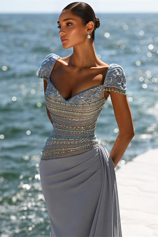 Elegant Dusty Blue Short Sleeves Mermaid Satin Prom Dresses Beading With Pleats