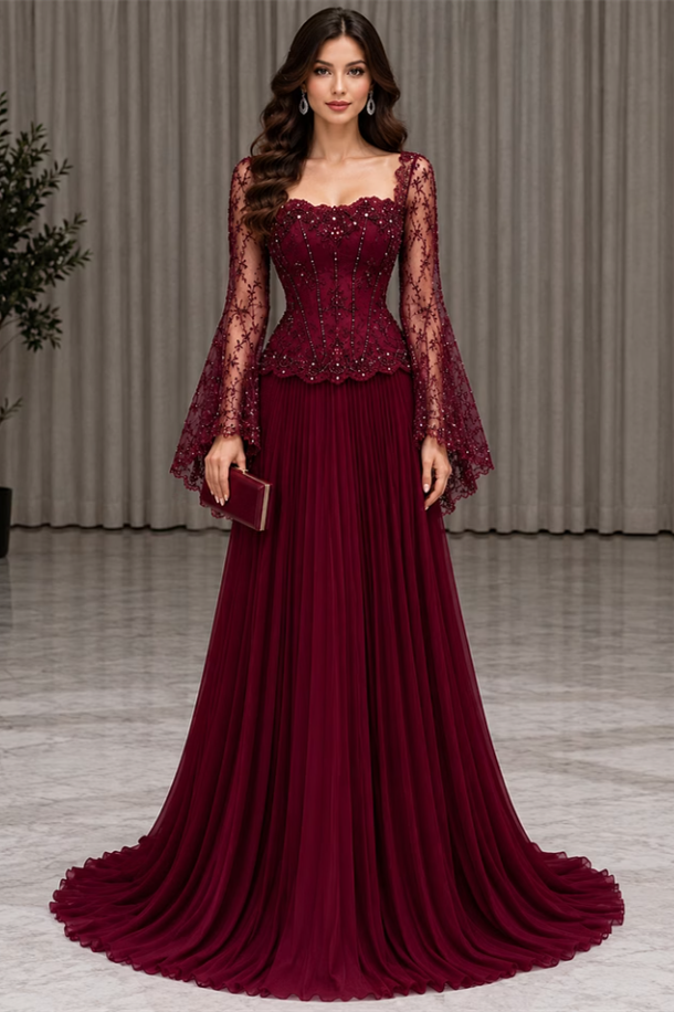 Dazzling Burgundy Long Sleeves Chiffon Prom Dresses Floor Length Beading With Pleats Zipper