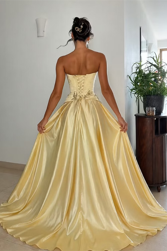 Pretty Daffodil Strapless Sleeveless Satin A-Line Prom Dresses Floor Length Gem With Lace-Up Back