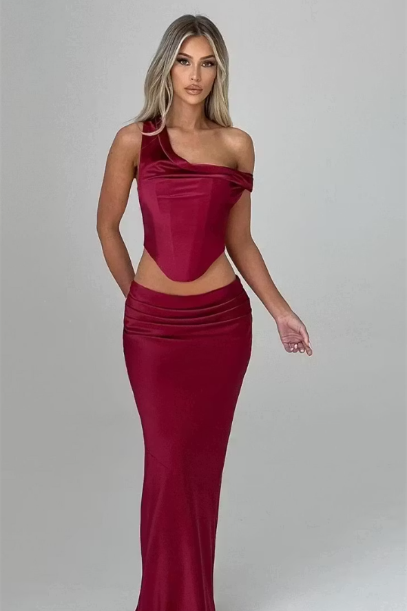 Unique Asymmetrical Satin Mermaid Prom Dresses Sheath Floor Length With Pleats