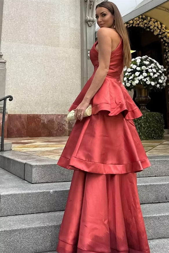 Chic Red Halter Sleeveless Satin Prom Dresses Floor Length With Pleats
