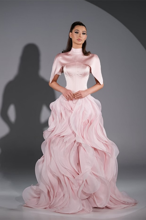 Luxurious Pink High Collar Prom Dresses Floor Length With Pleats