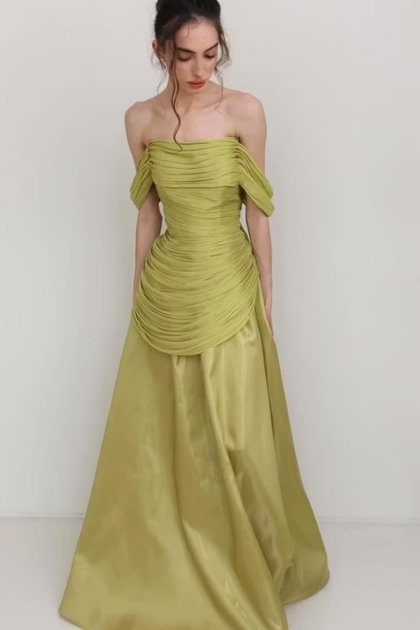 Modern Sage Off The Shoulder Prom Dresses Floor Length With Pleats