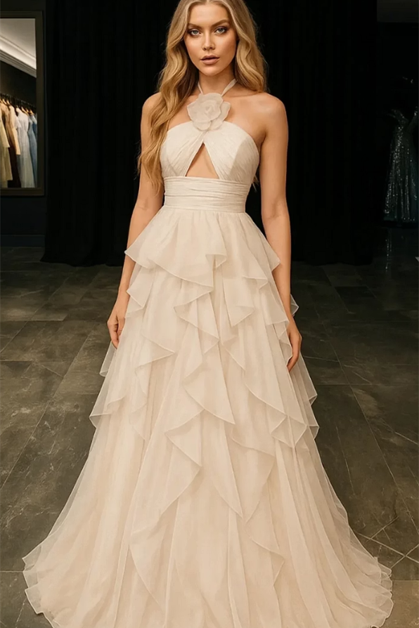 Glamorous Halter Sleeveless Chiffon A-Line Prom Dresses Floor Length With Pleats