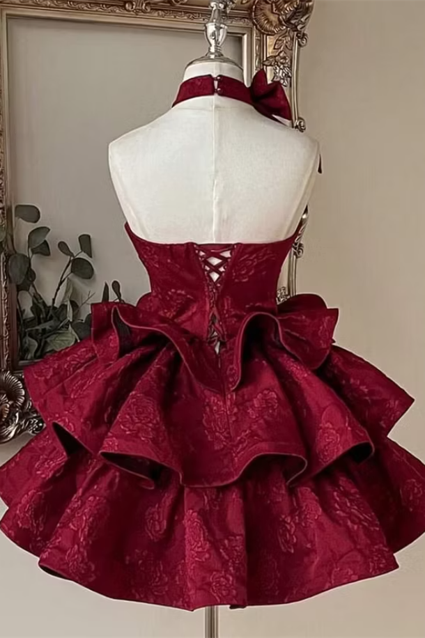 Beautiful Burgundy Halter Sleeveless Homecoming Dresses Mini With Lace-Up Back