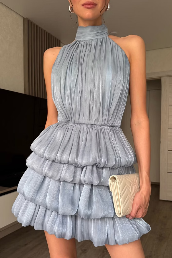 Modern Dusty Blue Halter Sleeveless Homecoming Dresses Mini With Pleats