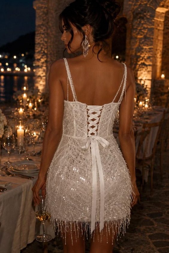 Dazzling Spaghetti-Straps Sleeveless Homecoming Dresses Mini With Lace-Up Back