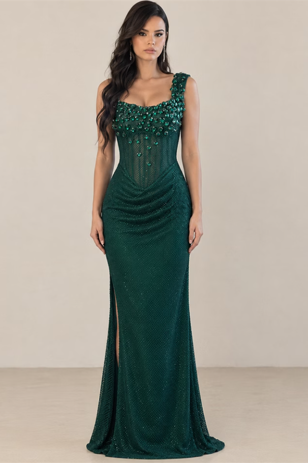 Dazzling Dark Green Straps Sleeveless Mermaid Prom Dresses Side Split Gem With Zipper