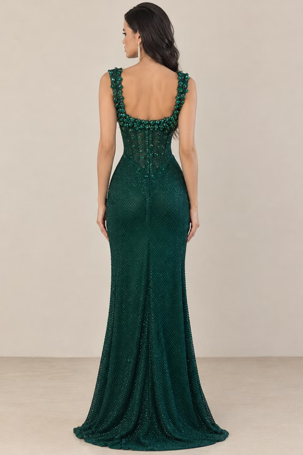 Dazzling Dark Green Straps Sleeveless Mermaid Prom Dresses Side Split Gem With Zipper