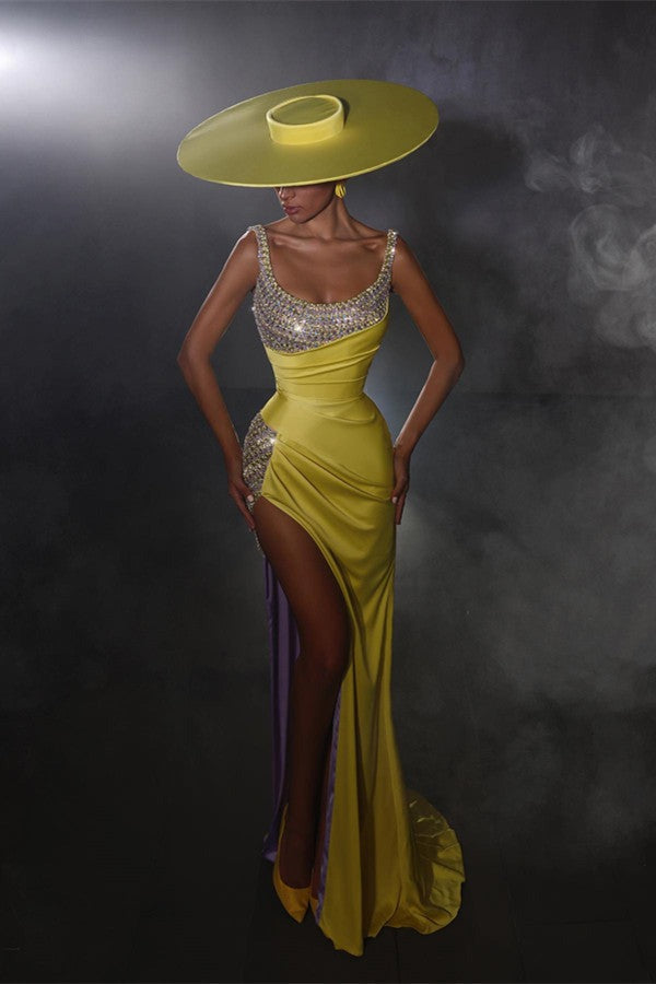 Yellow Long Mermaid Scoop Sleeveless Beads Formal Prom Dress with Slit