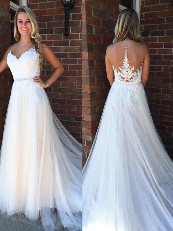 A Line Applique Court Train Sleeveless Tulle Scoop Wedding Dresses-showprettydress