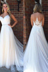 A Line Applique Court Train Sleeveless Tulle Scoop Wedding Dresses-showprettydress
