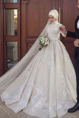 A line Ball Gown Sequins Long Sleeves Highneck Wedding Gown-showprettydress