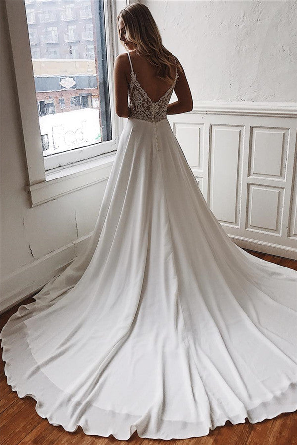 A-line Deep V-neck Court Spaghetti Strap Chiffon Crochet Flower Backless Wedding Dress-showprettydress
