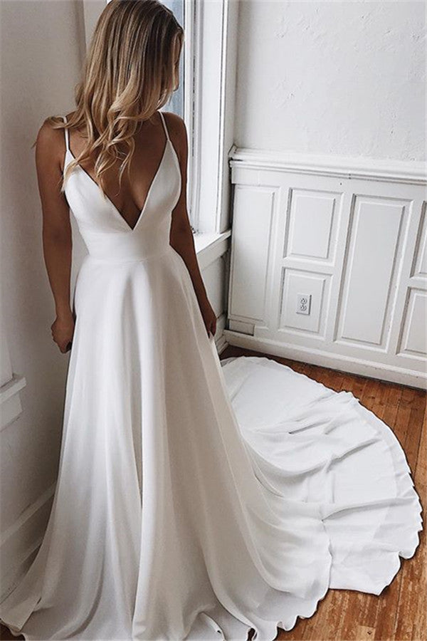 A-line Deep V-neck Court Spaghetti Strap Chiffon Crochet Flower Backless Wedding Dress-showprettydress