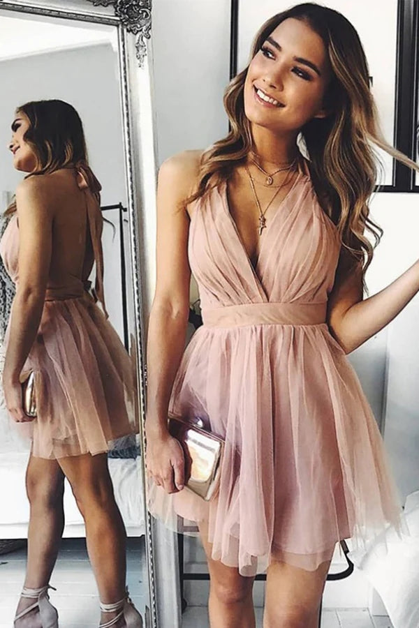 A Line Deep V Neck Pink Tulle Short Homecoming Dress-Showprettydress