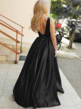 A-line Deep V-neck Wide Strap Backless Floor Length Matte Satin Evening Dress-showprettydress