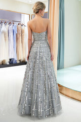 A-line Floor Length Strapless Sequined Chiffon Party Dresses-showprettydress