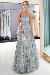 A-line Floor Length Strapless Sequined Chiffon Party Dresses-showprettydress