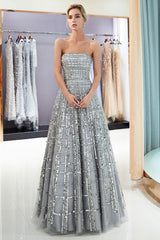 A-line Floor Length Strapless Sequined Chiffon Party Dresses-showprettydress