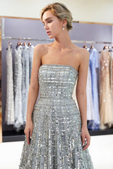 A-line Floor Length Strapless Sequined Chiffon Party Dresses-showprettydress