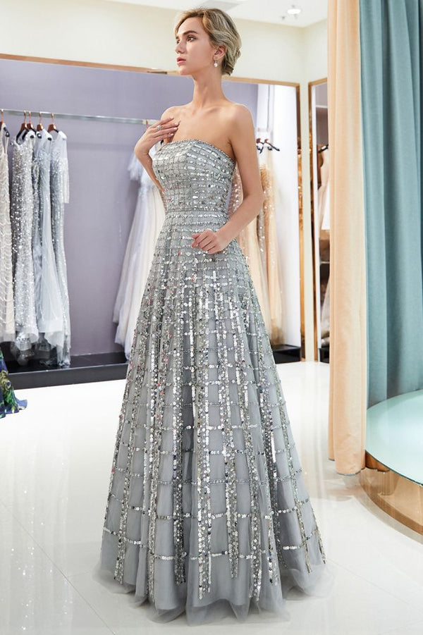 A-line Floor Length Strapless Sequined Chiffon Party Dresses-showprettydress