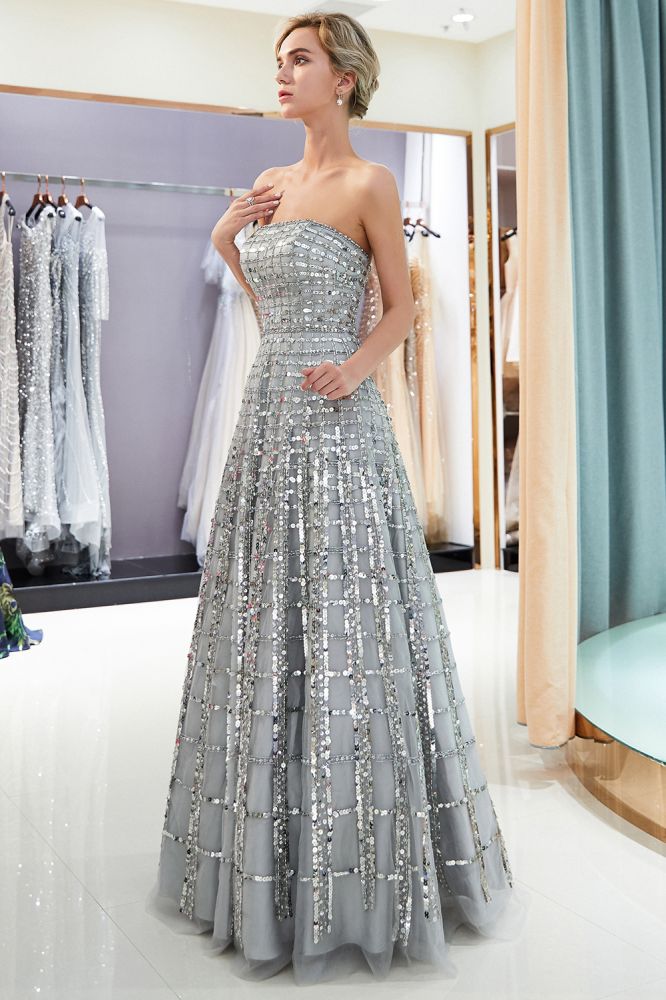 A-line Floor Length Strapless Sequined Chiffon Party Dresses-showprettydress