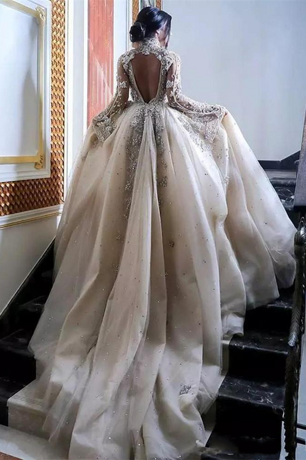 A-line High Collar Long Sleeves Long Train Backless Beaded Wedding Dress-showprettydress