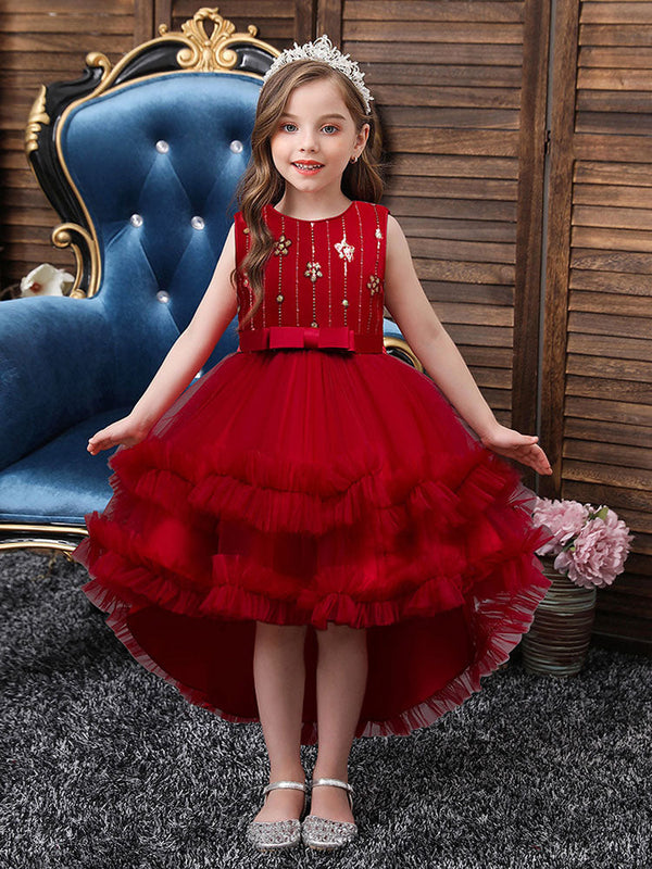 A-Line Jewel Neck Sleeveless Red Bows Polyester Sequined Tulle Polyester Cotton Kids Social Party Dresses Princess Dress-showprettydress