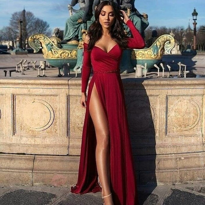 A-line Portrait V-neck Long Sleeve Front Slit Floor Length Chiffon Evening Dress-showprettydress