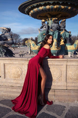 A-line Portrait V-neck Long Sleeve Front Slit Floor Length Chiffon Evening Dress-showprettydress