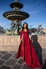 A-line Portrait V-neck Long Sleeve Front Slit Floor Length Chiffon Evening Dress-showprettydress