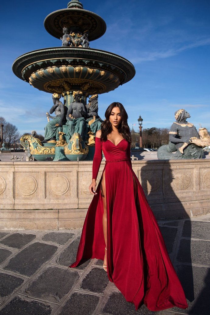 A-line Portrait V-neck Long Sleeve Front Slit Floor Length Chiffon Evening Dress-showprettydress