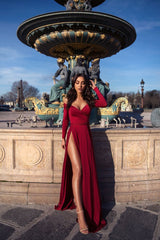 A-line Portrait V-neck Long Sleeve Front Slit Floor Length Chiffon Evening Dress-showprettydress