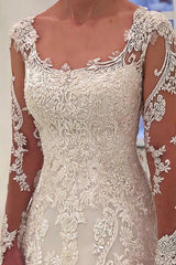 A-line Round Neck Long Sleeve Floor Length Tulle Applique Wedding Dress-showprettydress