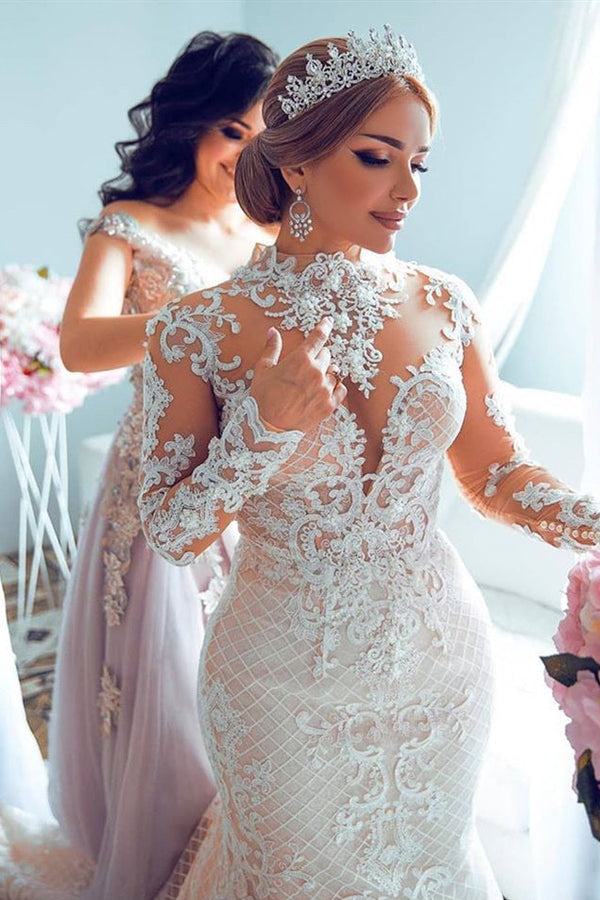 A-line Small Round Collar Long Train Tulle Beading Paillette Wedding Dress-showprettydress