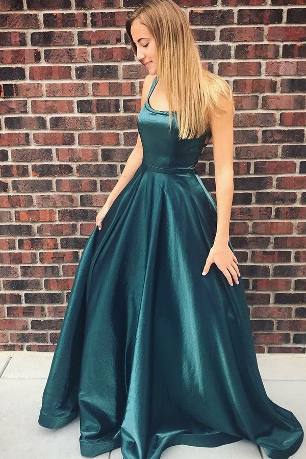 A-line Spaghetti Strap Floor Length Backless Charmeuse Evening Dress-showprettydress