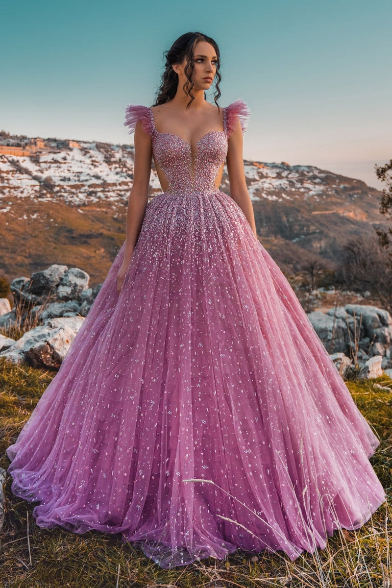 A-line Strap Sweetheart Lace Sequined Floor-length Prom Dress-showprettydress