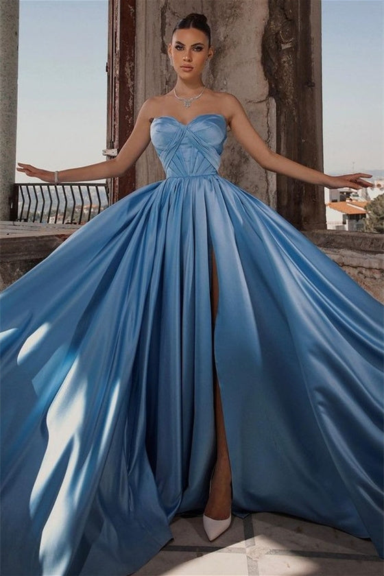 A-line Strapless High Split Floor-length Sleeveless Backless Prom Dress-showprettydress