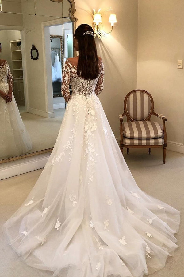 A-line Strapless Long Sleeves Court Train Tulle Applique Wedding Dress-showprettydress